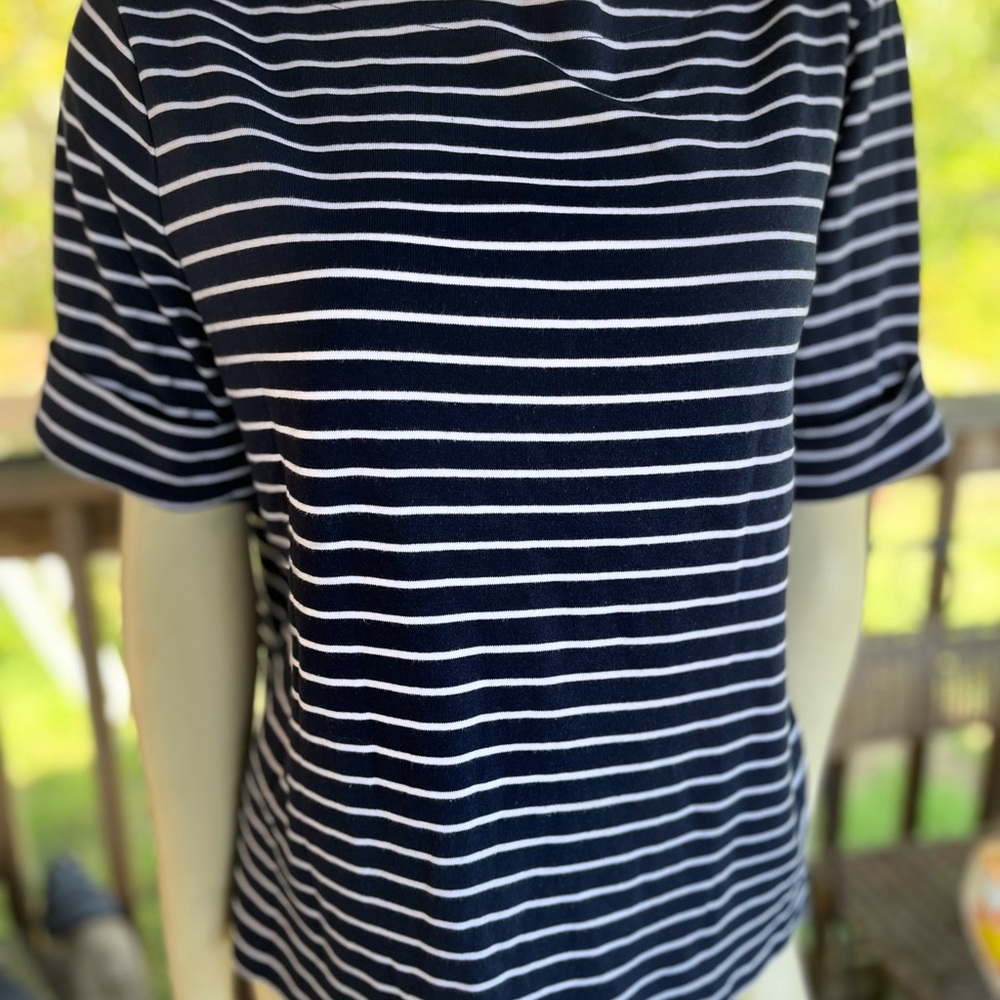 Cute Navy Striped Ladies Shortsleeved (and pinned cuffs) Top